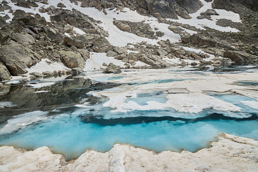 Alpine lake with crystal-clear waters partially covered by melting snow, nestled among rugged mountains