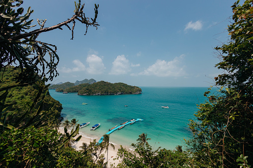 Beach with moored boats, surrounded by lush greenery and clear turquoise waters