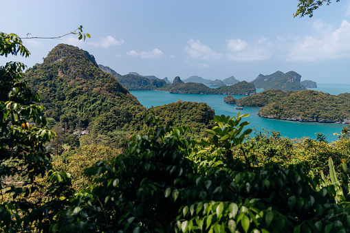 Vantage point reveals a cluster of lush islands surrounded by azure waters