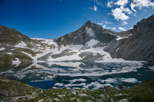 Lake sits nestled amidst snow covered mountains under a clear blue sky