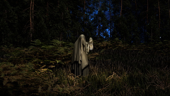 Cloaked mysterious figure stands among ferns in the forest, holding an old fashioned lantern in the dusk. 3d render