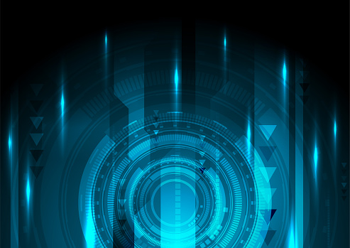 Glowing blue abstract futuristic technology background with arrows and HUD shape. Vector graphic design
