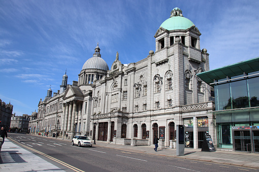 View of HM Theatre, church and library, Rosemount Viaduct, Aberdeen, Scotland
