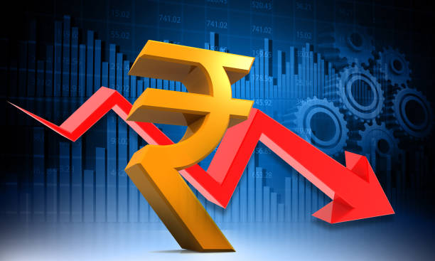 istock Indian rupee symbol with dowan arrow graph on stock market background 2149638934