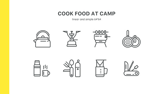 Outdoor Cooking and Camping Gear Icon Set: BBQ, Bonfire, Portable Stove, and Grill. Features Utensils, Thermos, Swiss Knife, and Cookware. Editable Linear Vector Collection for Hiking and Outdoor Food