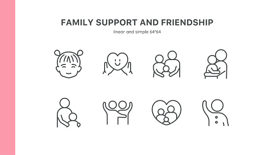 Family Support and Care Icon Set: Parent and Child Interactions. Features Mother, Father, and Children in Scenes of Hugs, Conversations, and Emotional Comfort. Editable Linear Vector Symbols.