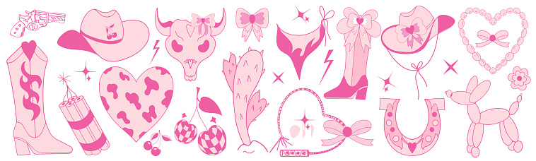 Cowboy girl pink set, fashion coquette elements. Cowgirl howdy boots, cherry ball, hat, horseshoe. Cowboy western and wild west theme. Hand drawn vector illustration.