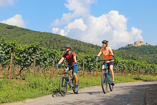 Young couple on a bicycle tour in the Palatinate near Maikammer. In the background vines and the Hambach Castle (Model released)