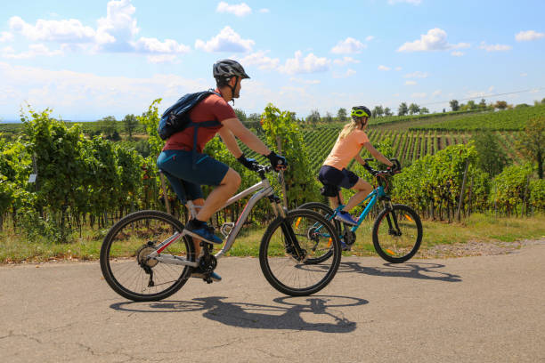 Young couple on a bicycle tour in the vineyards