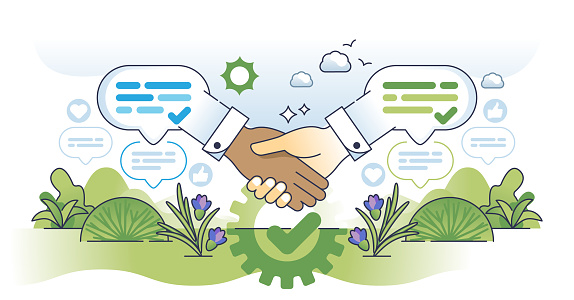 Interpersonal skills with effective communication outline hands concept. Soft skills and ability for productive people interaction and business deals closure vector illustration. Successful agreement
