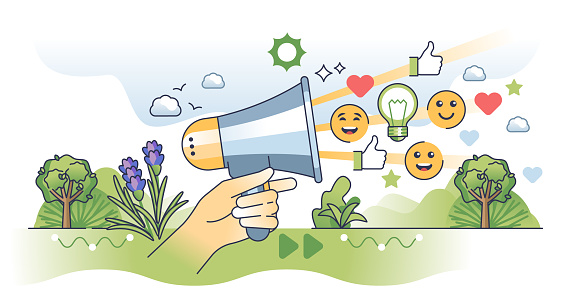 Constructive feedback and customer experience response outline hands concept. Communication as reviews and reactions from loudspeaker as public opinion sharing vector illustration. Service quality.