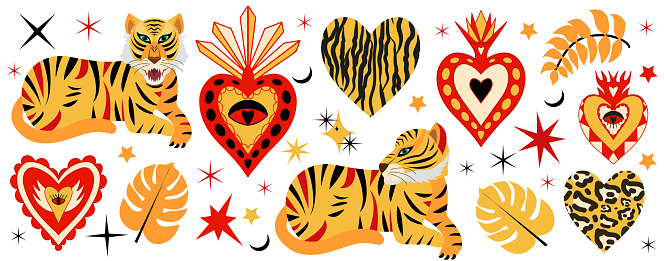 Tiger and sacred heart, celestial mystique set. Retro style hearts with tiger and leopard print. Animal mystical collection. Contemporary bohemian style. Vector illustration