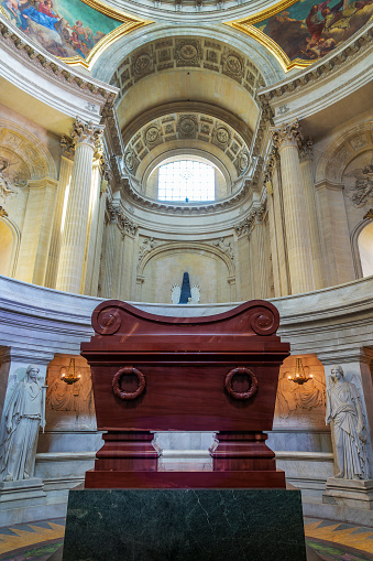 Tomb of Napoleon Bonaparte in the Hotel des Invalides, famous monument under the golden dome in Paris, France