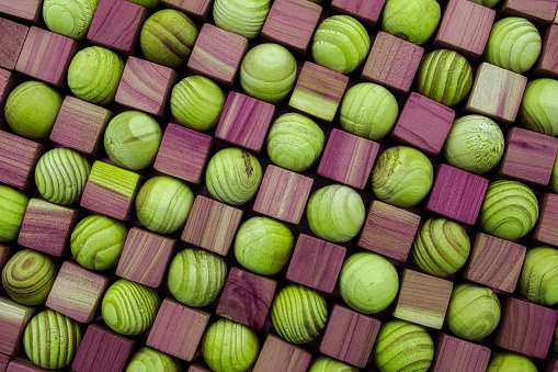 wooden mosaics cubes and  balls, random wooden floor tiles, wood artwork, wooden background