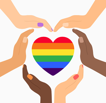 Hands Forming Heart Shape And Surrounding Rainbow Heart. LGBTQ Rights And Pride Month Concept