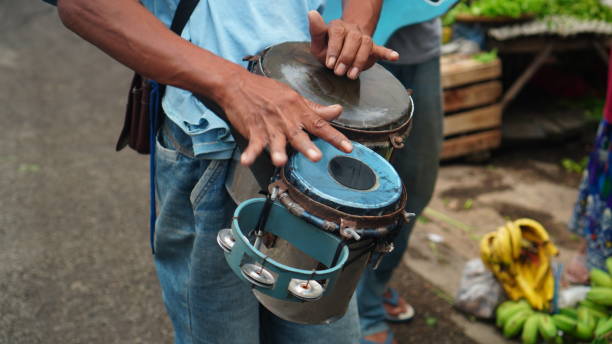 The Ketipung dangdut percussion instrument is played by buskers or street musicians
