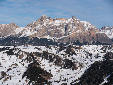 Panoramic view of the Dolomites Mountains with Snow, Italian Alps, Italy.