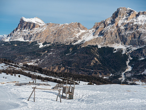 Panoramic view of the Dolomites Mountains with Snow, Italian Alps, Italy.