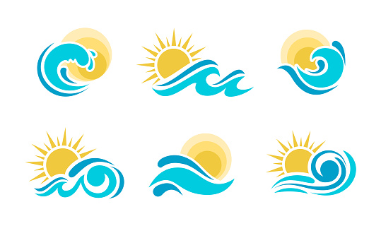 Vector illustration of the sun and blue waves set icon.