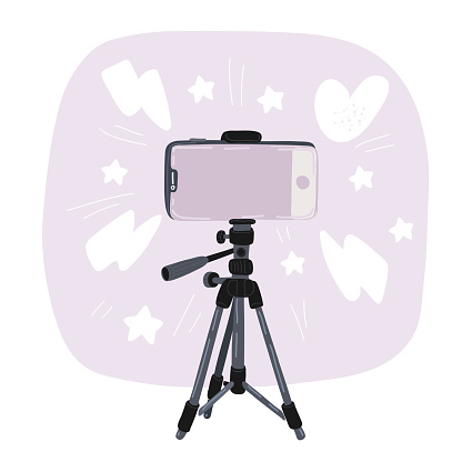 Cartoon vector illustration of phone on tripod with smartphone for phone studio photo light podcast concept equipment for streaming video