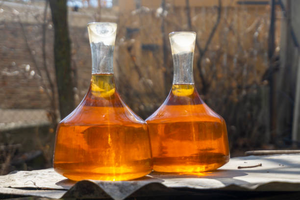 istock Two old decanters with amber-colored wine against the backdrop of a vineyard. The bright sun illuminates the wine. Georgia 2149646415