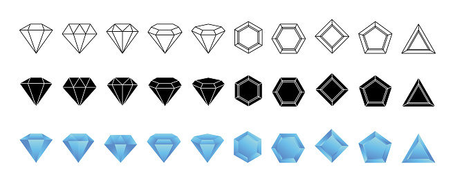 Gemstone logo. Precious gem icons. Crystal geometric star and jewel shapes elements. Sparkle stones. Expensive jewelry. Faceted carat. Treasure sapphire. Black onyx. Vector garish design symbols set
