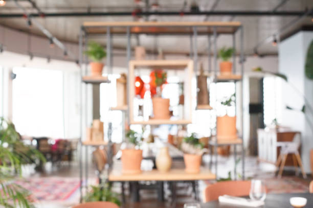 Vintage restaurant shop store interior, abstract blur background