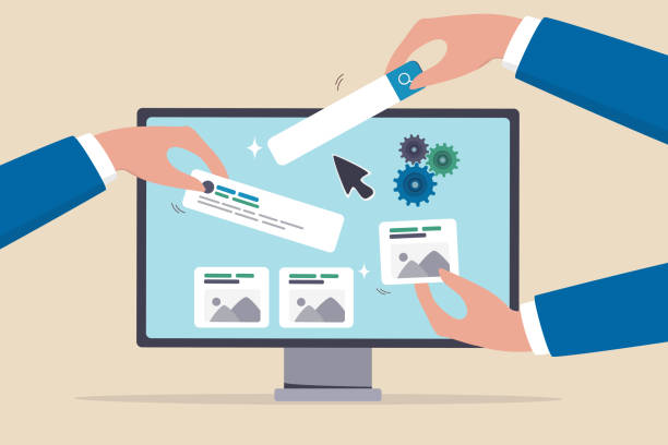 Build website with template customization, SEO optimization for search result, develop app or wireframe, customizable software development concept, hands help building website on computer screen. Build website with template customization, SEO optimization for search result, develop app or wireframe, customizable software development concept, hands help building website on computer screen. digital marketing stock illustrations
