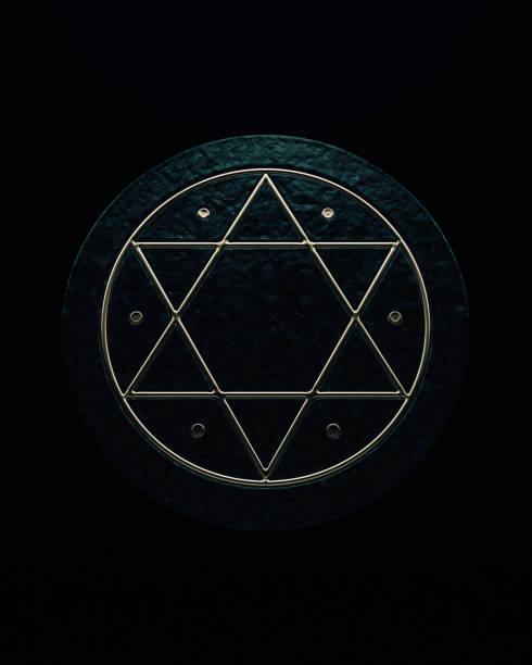 Seal of Solomon inscribed magic ring brass iron king Solomon's ring black magic Islamic djinn folklore 3d illustration render digital rendering