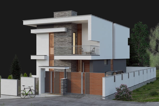 istock Modern Luxurious Villa with garden. Dark grey background. Architecture modern concept. 2149650758