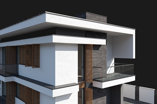 Modern villa with stone tiles and wooden shades on windows. Architecture concept for Real estate. Dark grey or black background. Architectural concept.