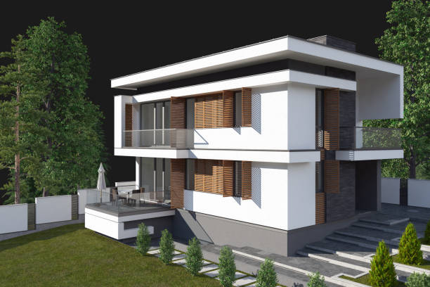 istock Modern Luxurious Villa with garden. Dark grey background. Architecture modern concept. 2149650902