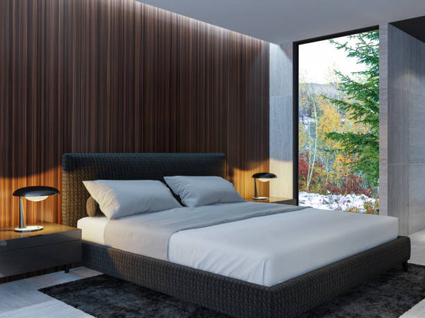istock Modern minimalist Scandinavian master bedroom with bathroom 2149650929