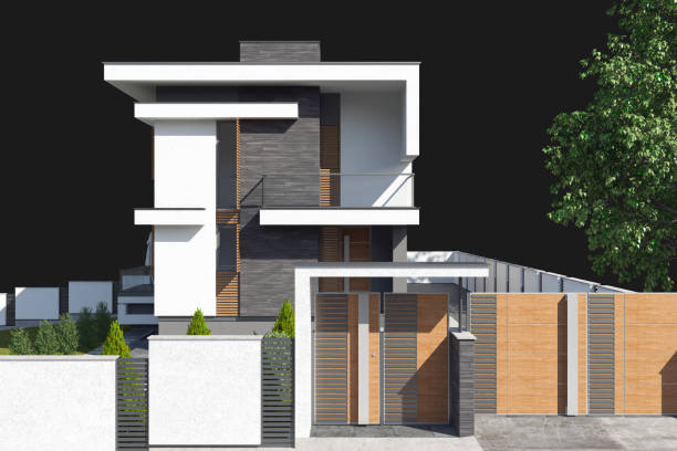 istock Modern Luxurious Villa with garden. Dark grey background. Architecture modern concept. 2149650934