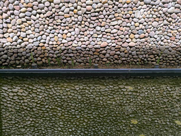 mirror background, stone walls reflecting into the pool