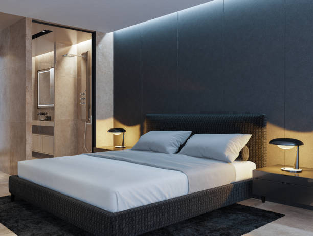 istock Modern minimalist Scandinavian master bedroom with bathroom 2149650991