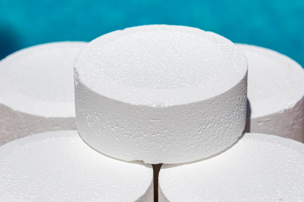 Pool chlorine tablet for pool maintenance in the form of round tablets to keep the water clean in summer before swimming