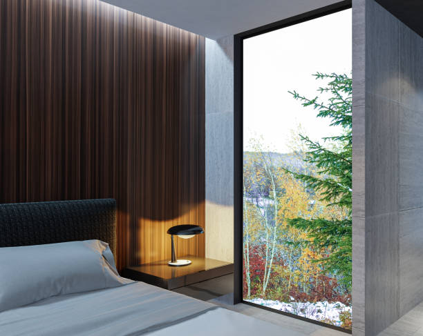 istock Modern minimalist Scandinavian master bedroom with bathroom 2149651008