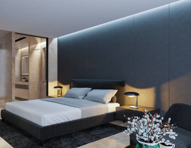 istock Modern minimalist Scandinavian master bedroom with bathroom 2149651074