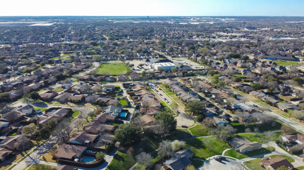 istock Master Planned Communities DFW Dallas Fort Worth subdivision design with cul-de-sac dead-end residential street that shapes like keyholes, aerial view single family houses swimming pools backyard 2149651189