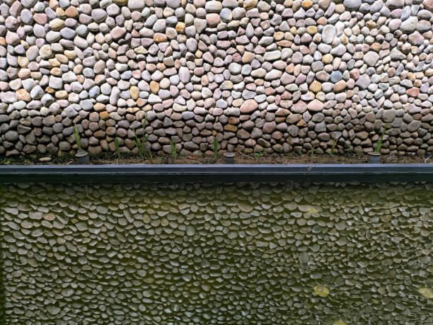 mirror background, stone walls reflecting into the pool