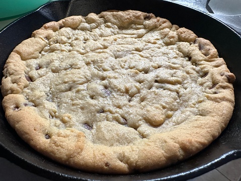 Homemade chocolate chip skillet cookie