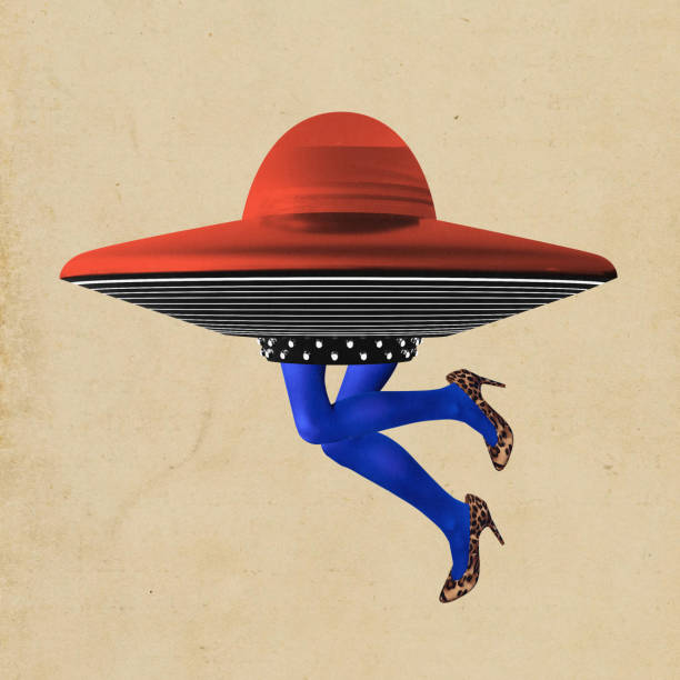 Poster. Contemporary art collage. Surreal artwork featuring red UFO hat, blue legs with leopard heels against beige backdrop. Concept of inspiration, surrealism, fashionable. Pop art.