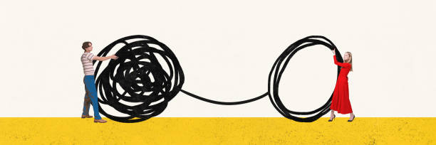 istock Contemporary art collage. Teamwork. Two young people, man and woman trying to solve problem by unraveling complex black tangle 2149655647