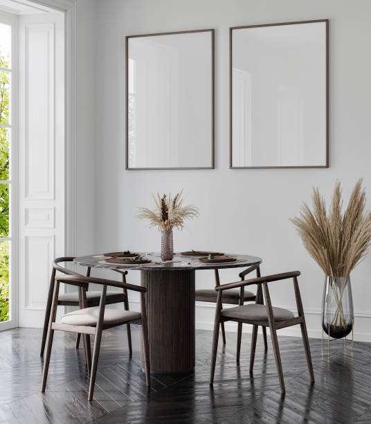 istock Title: Classic white interior with dining table and chairs. 3d render illustration background mock up posters. 2149655709