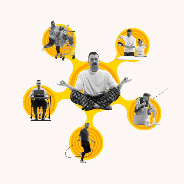 istock Man sitting in meditating pose and showing his ability to multitasking, spending time with daughter, working, doing sports, hobby. Contemporary art collage. 2149656720