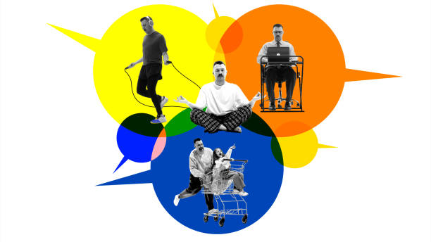 istock Man balancing between professional and personal spheres of life, working and staying connected with sport and family time. Contemporary art collage. 2149656736