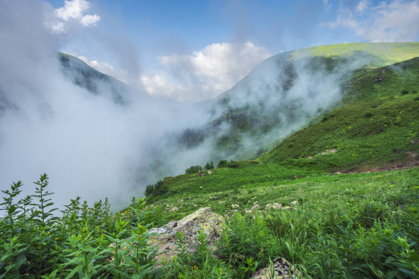 Calm before storm. Majestic overcast clouds covering valley in the mountains