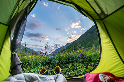View from a tent of a valley in the Caucasus Mountains. Bzerpinsky cornice Camp