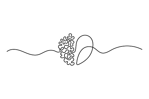 One continuous line drawing of half of a human brain and love in the shape of a heart logo icon. Philosophical of love and reason. Vector graphics post.